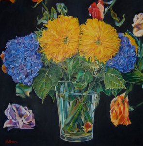 Ett livfullt blomsterstilleben av Maxine Shore