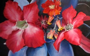 Livfulla röda och blå blommor av Maxine Shore