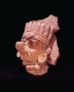 Majsgudens huvud, Oaxaca, ca 500 e.Kr. (lergods)