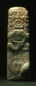 Statyett placerad i invigning nedför den hieroglyfiska trappan, Copan, sen klassisk period (600-900) (jade)