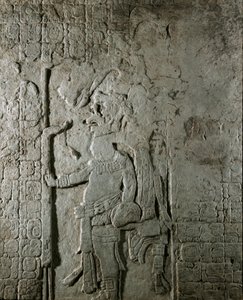 Mayakonst: panel n. 1 från Maya-platsen El Cayo (mellan 600 och 800) som representerar en karaktär omgiven av inskription i hieroglyfer med hänvisning till astronomiska beräkningar. Privat samling av Mayan Mayan