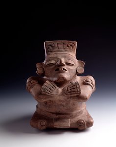 Precolombiansk konst, Mayacivilisation, klassisk period: antropomorf lervas som visar en sittande karaktär, ben och armar korsar ansiktet vänder uppåt. Från La Lagunita, Quiche, Guatemala Sun. h. 25 x bredd 21,5 cm Guatemala, Museo Nazionale di Archeol