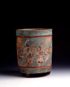 Precolombiansk konst, Mayacivilisation, klassisk period: cylindrisk vas i polykrom lera dekorerar en ceremoniell scen med karaktärer i procession. Från La Lagunita, Quiche, Guatemala. Sol. h. 24,1 x diam. 18,5 cm Guatemala, Museo Nazionale di Archeolo av Mayan Mayan