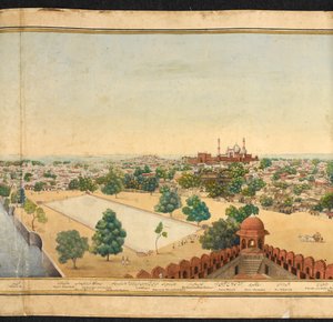 Sektion av ett panorama av Delhi, som visar Jama Masjid av Mazar or Mazhar Ali Khan