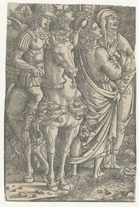 Fragment av en korsfästelse med Johannes evangelisten och Maria och soldater av Meester IB met de vogel