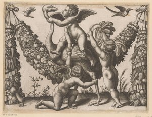 Tre putti och en struts Tapisserier av påven (serietitel) Tapezzerie de Papa (serietitel)
