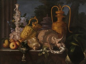 Stilleben, snäckor och guldsmed. Målning av Meiffren Conte (1630-1705). Olja på duk. Mått: 91x121cm. Obligatoriskt omnämnande: Collection fondation regards de Provence, Marseille av Meiffren (c.1630 1705) Conte