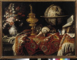 Vas med blommor, astralklot, böcker och guldslöjd på en matta. Målning av Meiffren Conte (eller greve) (1630-1705) Obligatoriskt omnämnande: Collection fondation regards de Provence, Marseille (cm 92x121) av Meiffren (c.1630 1705) Conte