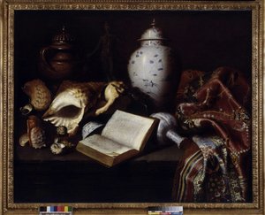 Kinavaser, skal, antika bronser, böcker och mattor (olja på duk) av Meiffren (c.1630 1705) Conte