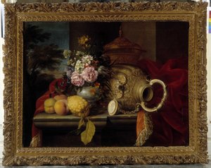 Stilleben med bukett, frukt, vas och rött tyg (olja på duk) av Meiffren (c.1630 1705) Conte