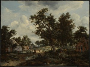 Ett skogslandskap med resenärer på en stig genom en by av Meindert Hobbema