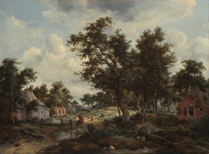 Skogbevuxet landskap med resande på en stig genom en by av Meindert Hobbema