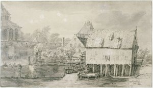 Den så kallade Bergkerk och vattenkvarnen i Deventer (Lugt 43) av Meindert Hobbema