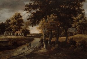 Skogbevuxen landskap med figurer på en stig av Meindert Hobbema