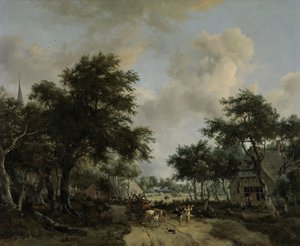 Skogbevuxen landskap med Merrymakers i en vagn Landskap med glatt sällskap av Meindert Hobbema