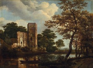 Skogsbeklätt flodlandskap med ruinerna av Egmonds slott vid Egmond aan den Hoef av Meindert Hobbema
