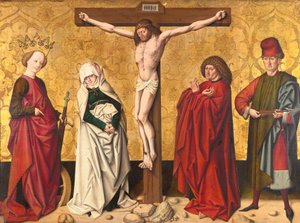 Kristus på korset mellan St. Mary och John, Catherine och Sebastian av Meister von Großgmain
