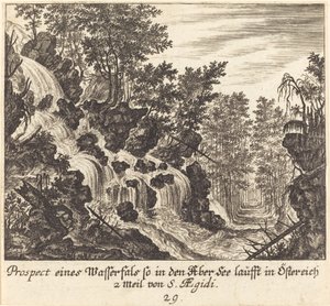 Vy över ett vattenfall, Österrike av Melchior Küsel after Johann Wilhelm Baur