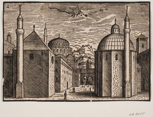 3 moskéer, vardera med 1 minaret; på himlen en flygande drake med en lång svans av Melchior Lorck
