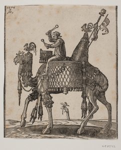 En magnifikt utrustad dromadär med en timpanist som ryttare av Melchior Lorck