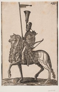 Beriden soldat, profil till v.; lans med vimpel, pilbåge vid sidan, cirkulär sköld, koger; huvudbonad med fjäderbuske av Melchior Lorck