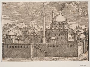 Idealiserad bild av Bayazidiye-moskén, sedd från sydost av Melchior Lorck