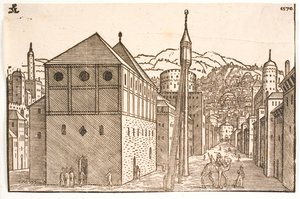 Moské med en fristående minaret med extern trappa av Melchior Lorck