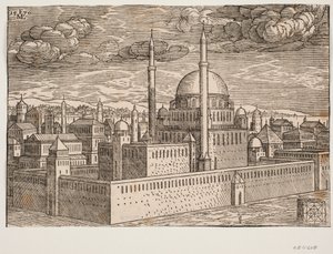 Moské, med två minareter, sett från nordväst; på andra sidan vattnet syns Galata? I det nedre högra hörnet finns en kubiskt formad sten, på vilken en kvadratisk geometrisk figur etsats, en figur som förmodligen visar av Melchior Lorck