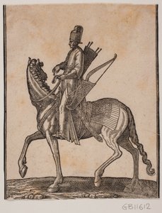 Beriden soldat, profil åt höger; han bär sitt svärd och båge på sin vänstra sida och kogern på sin högra sida av Melchior Lorck