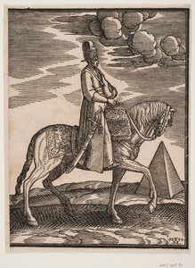 Ryttare med en kolv om halsen, profil mot höger; ett svärd på hans högra sida och bagage framför honom, draperat över sadeln; till höger, i bakgrunden, en pyramid av Melchior Lorck