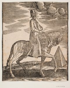 Ryttare med en kolv om halsen, profil mot höger; ett svärd på hans högra sida och bagage framför honom, draperat över sadeln; till höger, i bakgrunden, en pyramid av Melchior Lorck