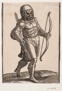 Soldat, går mot h.; stövlar och knäkort kostym; i v. hand en båge, i h. hand en pil av Melchior Lorck