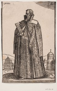 Stående ambassadör i europeisk (venetiansk?) kostym, 3/4 profil till v.; i sin högra hand håller han en portfölj av Melchior Lorck