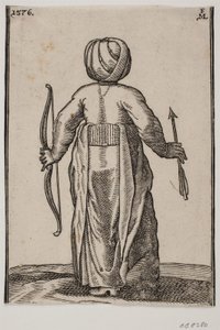 Stående bågskytt, bakifrån; i v. hand en båge, i h. hand en pil av Melchior Lorck