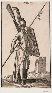 Stående soldat med krökt sköld i v. hand och i r. hand ett snett hållet spjut; svärd på hans r. sida, en dolk fast i bältet på hans r. sida; i bakgrunden t.h. ruinen av en obelisk eller torn med kvadratisk grundplan av Melchior Lorck