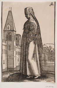Beslöjad, gående kvinna, profil till v.; framför henne reser sig en stadsmur med torn ur vattnet av Melchior Lorck