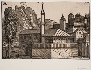 Oidentifierad moské med 1 minaret, t.v. högt träd av Melchior Lorck