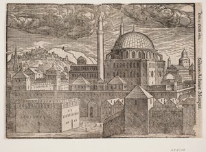 Oidentifierad moské med 2 minareter, sett från sydost; t.v. berg med befäst stad av Melchior Lorck