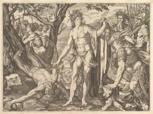 Apollo och Marsyas och Midas dom: till höger Midas med öronen på en åsna resti..., 1581.
