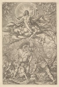 Kristi uppståndelse, omgiven av en aureol och moln med linjer av bevingade putti till..., 1577.