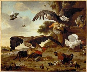 Örnar attackerar kycklingar ... av Melchior de (manner of) Hondecoeter