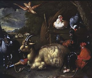 Get med andra djur och fåglar i ett landskap av Melchior de (school of) Hondecoeter