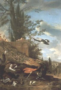 En påfågel och en spaniel i trädgården i en villa av Melchior de Hondecoeter
