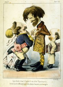 Tecknad film om Giuseppe Verdi och Napoleon III efter operan Don Carlos i Paris 1867. Karikatyr av Melchiorre Delfico. Privee Milan Collection