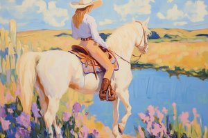 Cowgirl på en vit häst