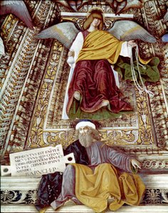 Representation av Baruch (Baruch ben Neria) lärjunge till Jeremiah och en ängel Fresco av Melozzo da Forli (Melozzo degli Ambrosi) (1438-1494) Kupolen av sakristian av Sankt Markus (Marco), helgedomen för santa casa, Loreto av Melozzo da Forli