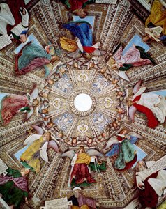 Representationer av profeter och änglar Fresco av Melozzo da Forli (Melozzo degli Ambrosi) (1438-1494) Kupol av sakristian av Sankt Markus (Marco), Sanctuary of Santa Casa, Loreto av Melozzo da Forli