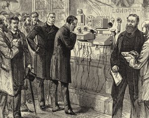 Öppnande av den anglo-engelska telefonlinjen. Det första telefonsamtalet mellan London och Paris på General Post Office i London. Bell-instrument användes i London-änden. Trägravyr Paris 28 mars 1891. Gravyr. av Melton (after) Prior