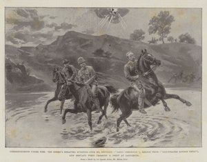 Korrespondenter under eld, fiendens splitter som sprängs över Mr Nevinson (Daily Chronicle), Melton Prior (Illustrated London News) och Servant när de korsar en drift vid Ladysmith av Melton Prior