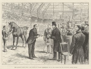 London Horse Show, prinsen av Wales överlämnar pokal till mr Moore för hans Hackneyhäst Rufus. av Melton Prior